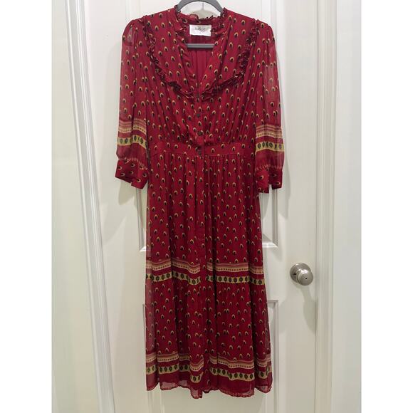 NWT BA&SH Bari Boho Print Gerogette Midi Dress in Carmin Sz 1 US 6 - Picture 2 of 12